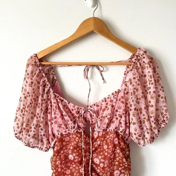 Free People Tessa Ruched  Mini Dress in Primrose Combo Pink Floral Size XS - Picture 5 of 8